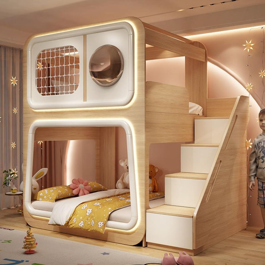 سرير أطفال بطابقين على شكل كبسولة فضائية – تصميم مبتكر للأشقاء