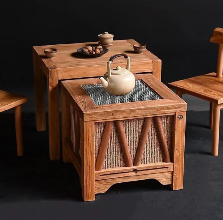 Wooden stove as an outdoor tea table