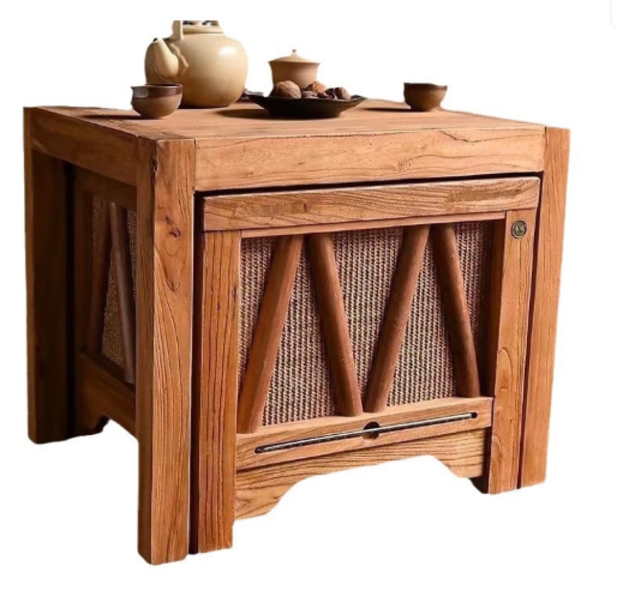 Wooden stove as an outdoor tea table