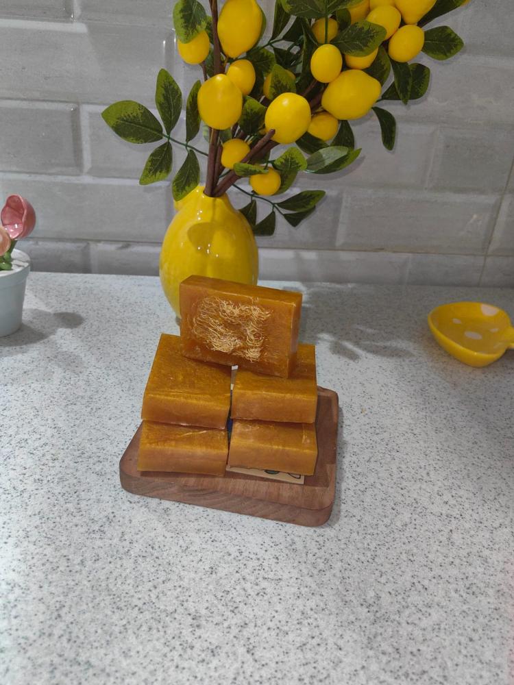 Turmeric and myrrh soap with a natural loofah