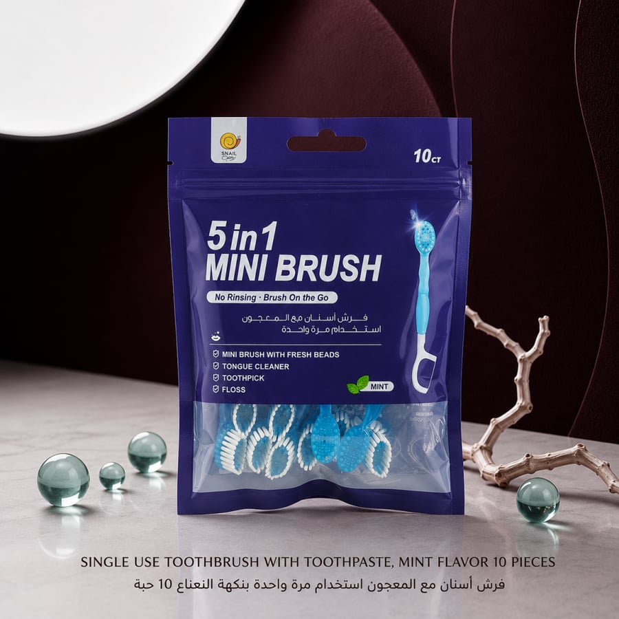 فرشاة أسنان مع المعجون للاستخدام مرة واحدة | Mini Travel 5 in 1 Toothbrush  – نعناع
