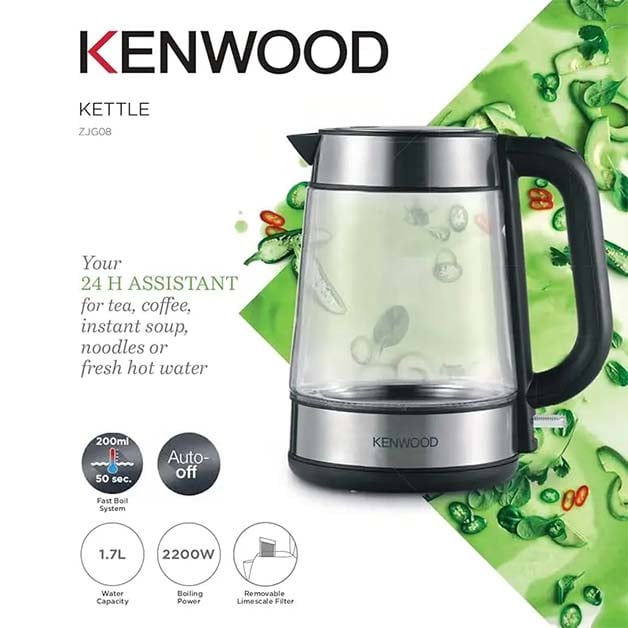 Kenwood OWZJG08.000CL Water Kettle, 2200W, 1.7L, Glass Body, 2-Year Warranty