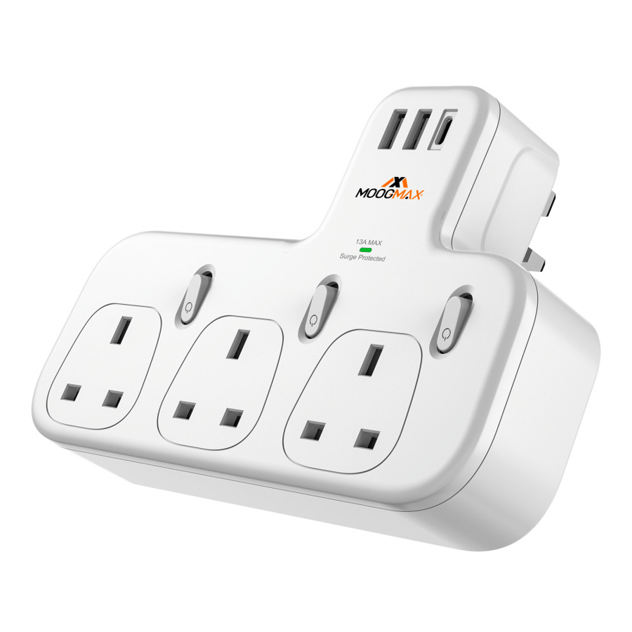 توصيلة كهربائيه جدارية بــ 3 منافذ كهرب + 2 USB + منفذ PD من موج ماكس