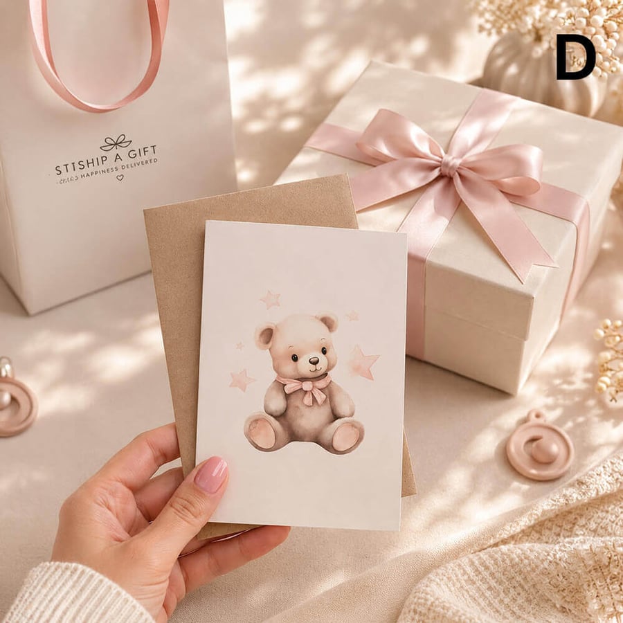 بطاقة إهداء للمواليد باللون البنك بتصميم انيق