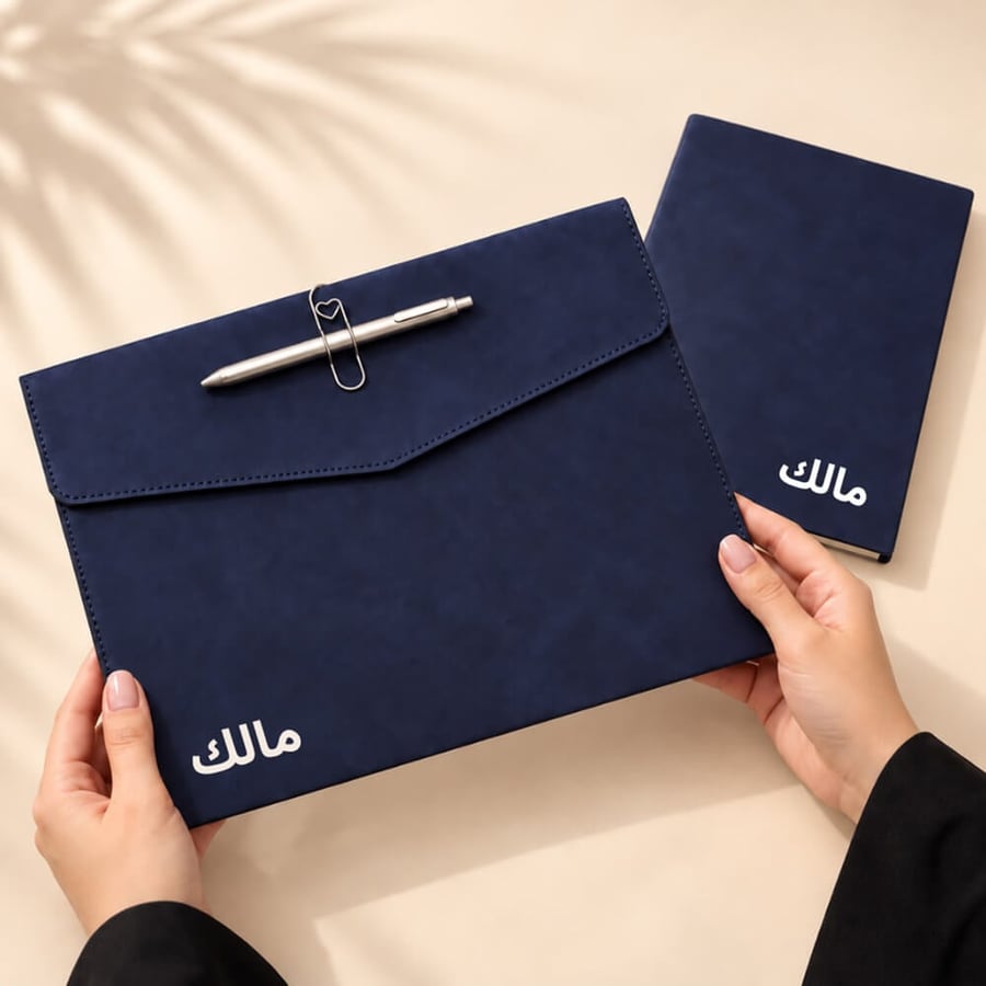 طقم مكتبي جلدي كحلي مع دفتر وقلم ومشبك فضي