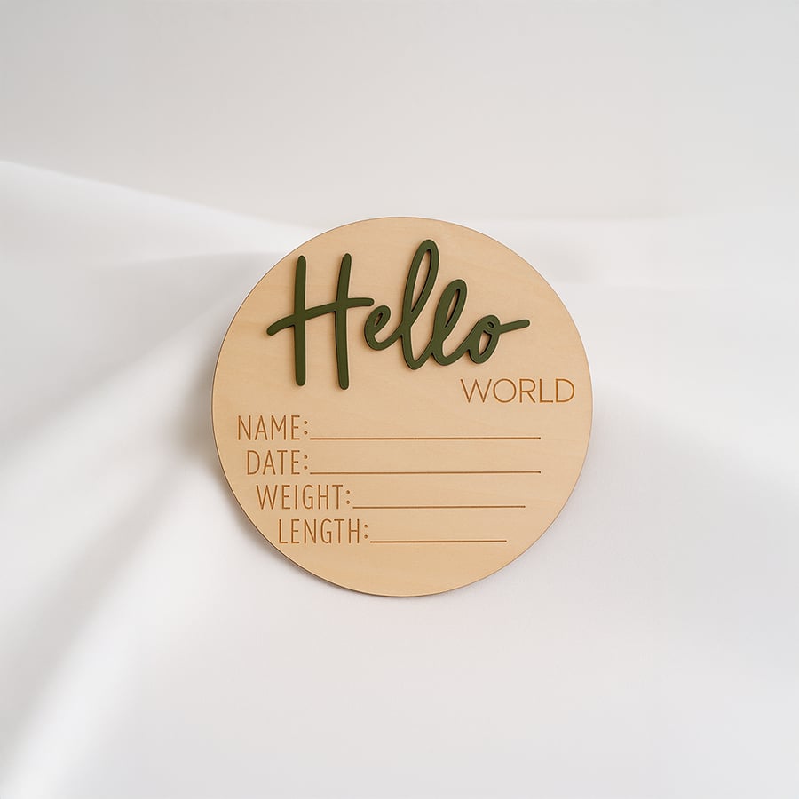 لوحة خشبية Hello World باللون الزيتي لتوثيق بيانات المولود