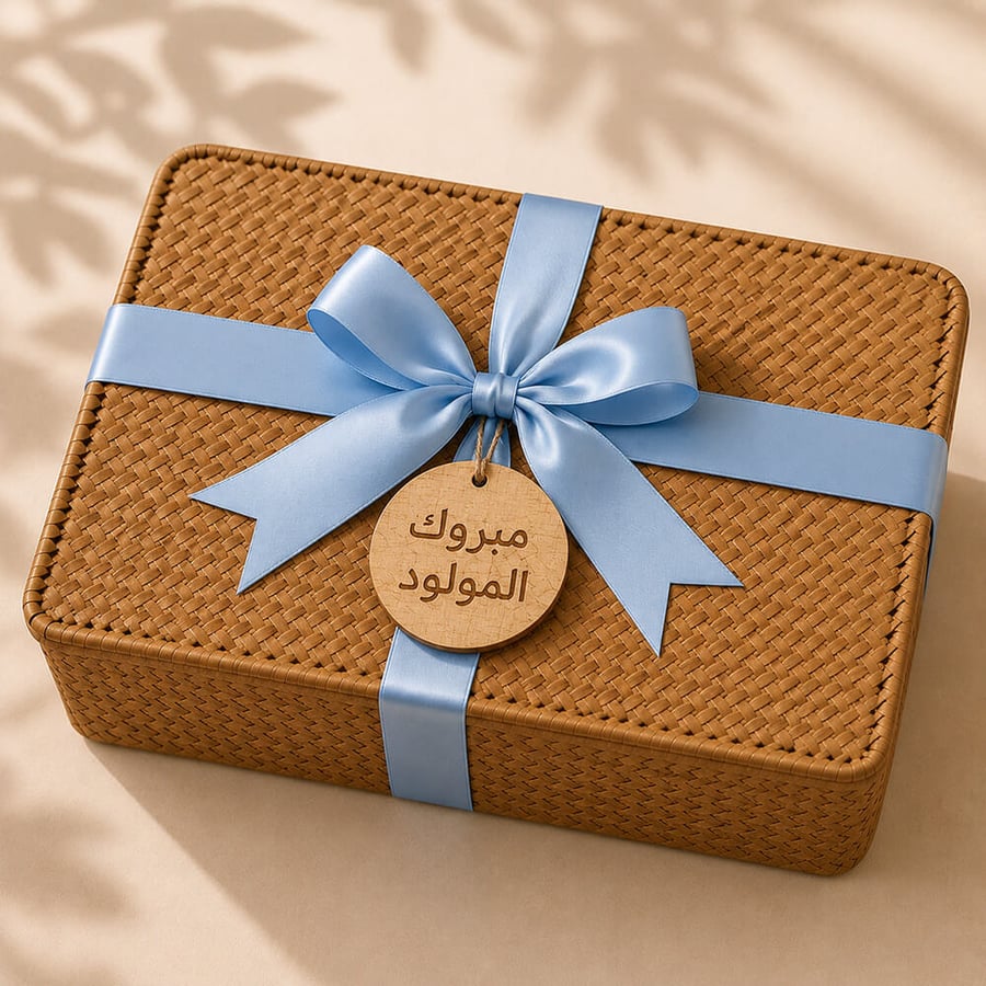 بوكس خوص لمواليد أولاد مع قطعة خشبية مبروك المولود