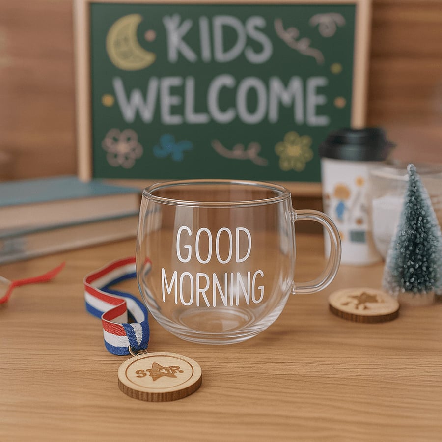 كوب زجاج  شفاف بدون غطاء وعبارة GOOD MORNING