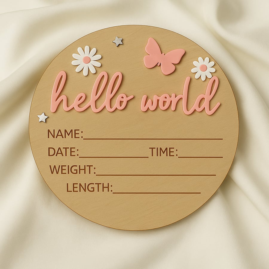 لوحة خشبية دائرية بتصميم Hello World مزينة بفراشة وزهور باللون الوردي