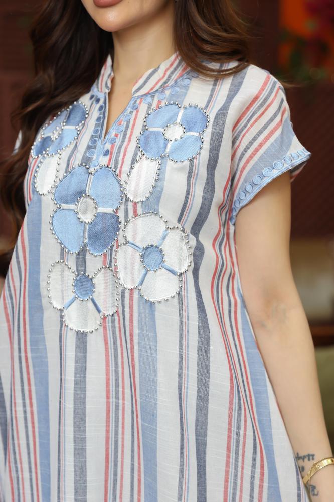 Striped Jalabiya with Hand Embroidery and Short Sleeves