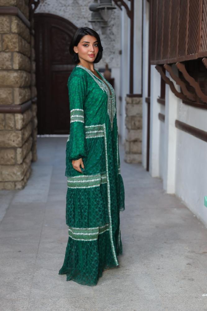 Green Asiri Lace Jalabiya with Decorative Trim