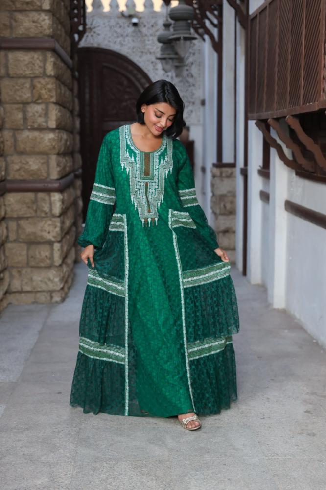 Green Asiri Lace Jalabiya with Decorative Trim
