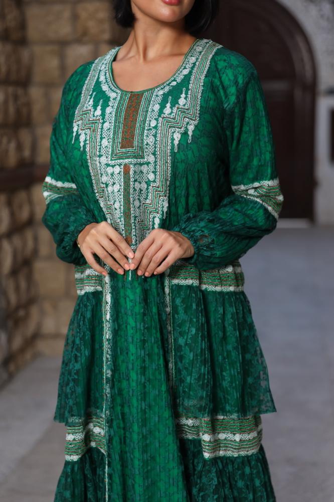 Green Asiri Lace Jalabiya with Decorative Trim