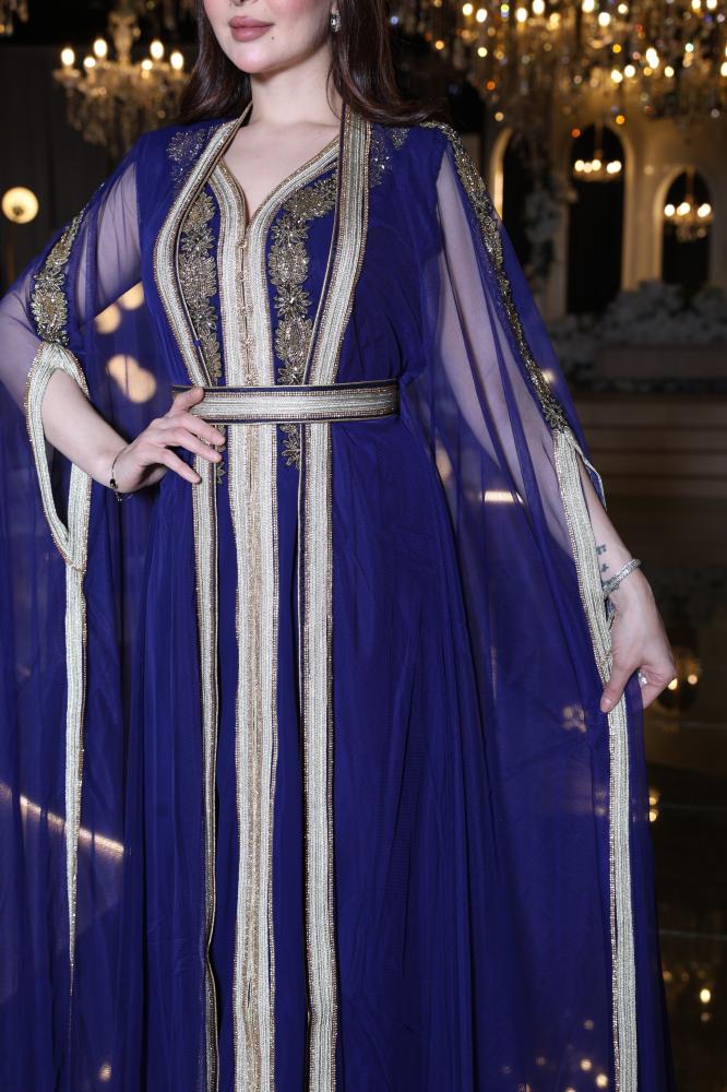 Blue Two-Piece Tulle Jalabiya with Beaded Embroidery and Belt
