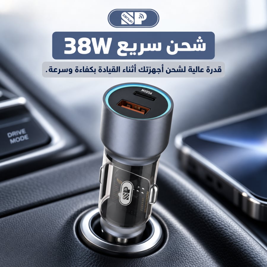 شاحن سيارة سريع بمنفذين PD - USB 38W