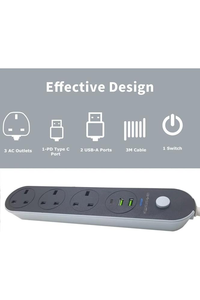 Generic سلك تمديد طاقة 5 متر - 3 مقابس بريطانية + 2 منفذ USB + 1 منفذ PD Type-C (5M-3PW-2USB-1PD)