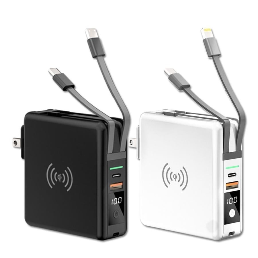 شاحن سفر 4 في 1 + باور بانك 10000mAh — كابلات مدمجة وشحن لاسلكي