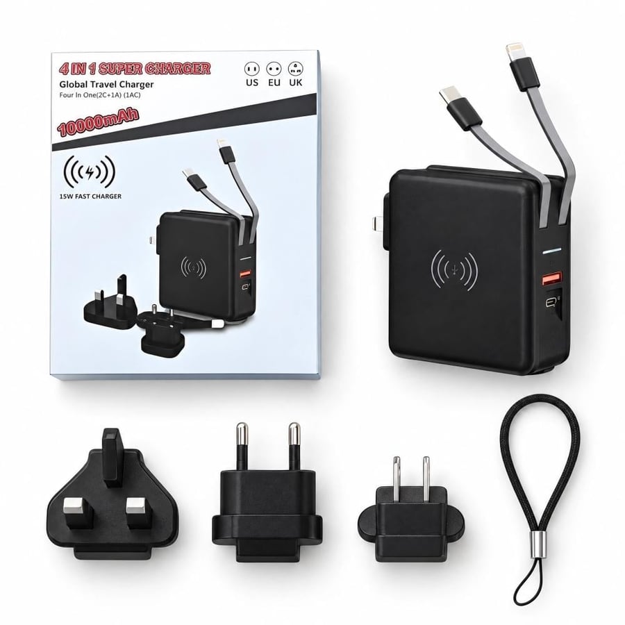 شاحن سفر 4 في 1 + باور بانك 10000mAh — كابلات مدمجة وشحن لاسلكي