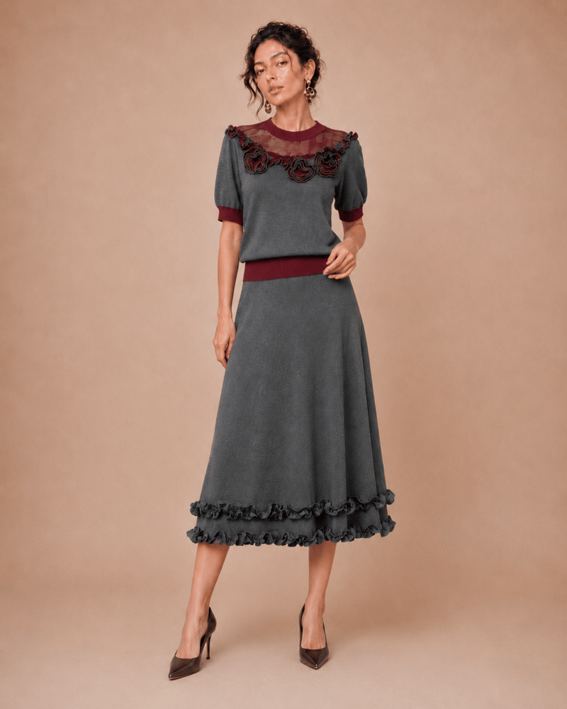 Set Consisting of a Cotton Blouse and Skirt Accented with Burgundy