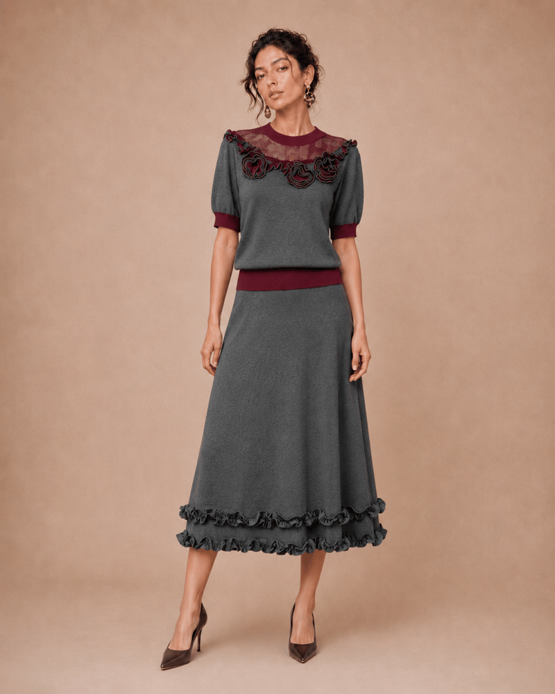 Set Consisting of a Cotton Blouse and Skirt Accented with Burgundy