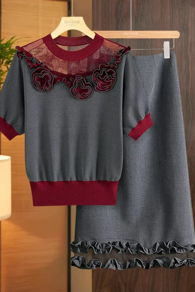 Set Consisting of a Cotton Blouse and Skirt Accented with Burgundy