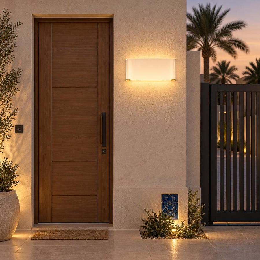 إنارة بوابة جدارية خارجية بيضاء رباعية، 8 عيون LED، إنارة صفراء 8 واط – مؤسسة الخطوط الأربعة