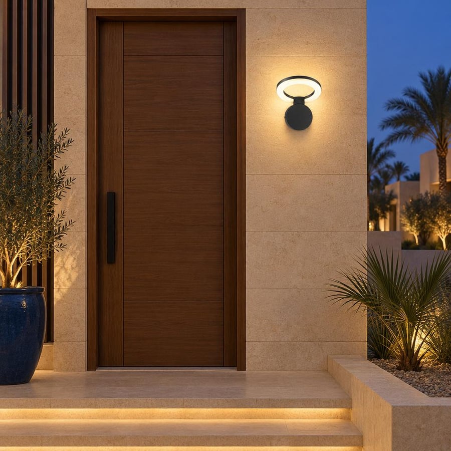أبليك جداري خارجي دائري أسود LED، إنارة صفراء 3000K، قدرة 18 واط – مؤسسة الخطوط الأربعة