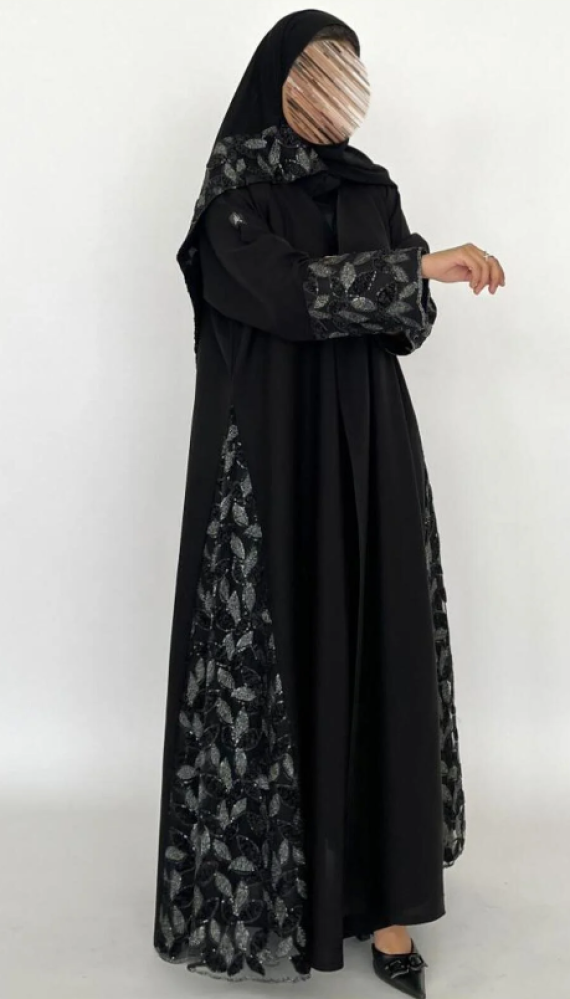 OLGA-ABAYA عباية أنيقة عصرية من آولجا القماش كتان مع تل مطرز وقصة العباية ربع كلوش شامل الطرحة