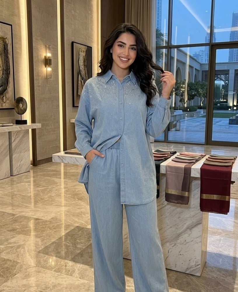 طقم جينز سماوي مرصّع بالكريستال