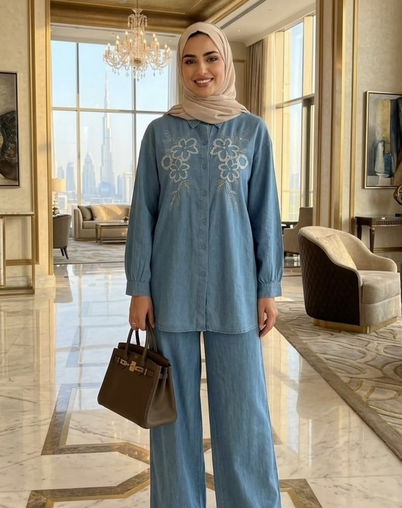 طقم جينز سماوي مرصّع بالكريستال