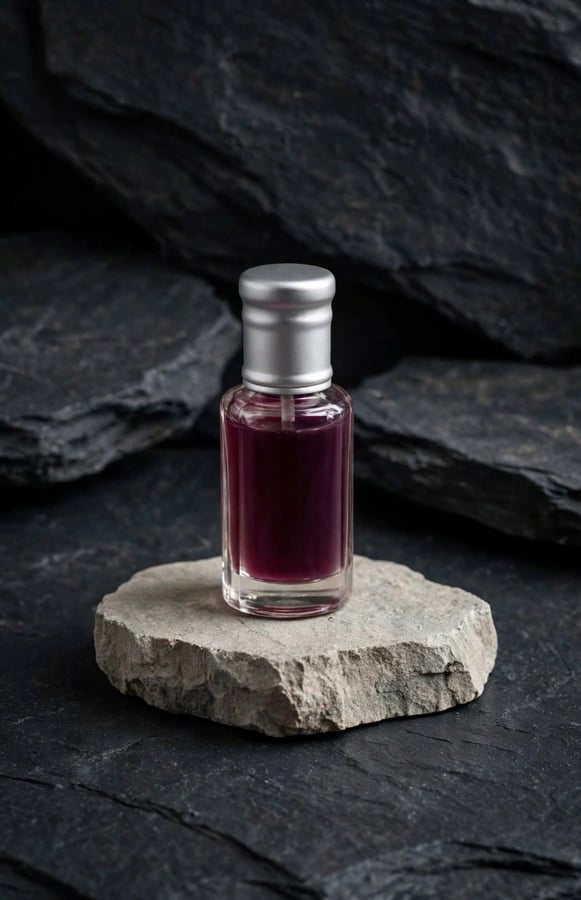 عطر مسك الكرز الفاخر في زجاجة على صخرة