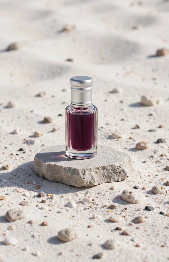 عطر مسك الكرز الفاخر في زجاجة على صخرة رملية