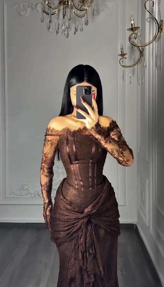 فستان سهره بني دانتيل فخم
