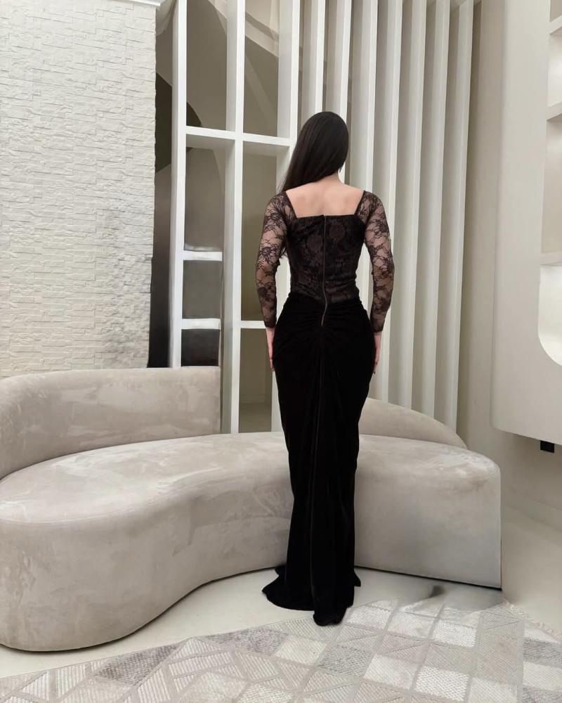 فستان سهره دانتيل بني مع مخمل انيق