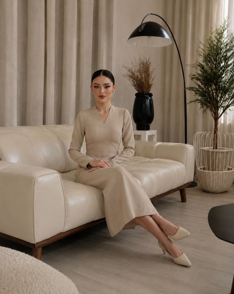 فستان بيج بأكمام طويلة