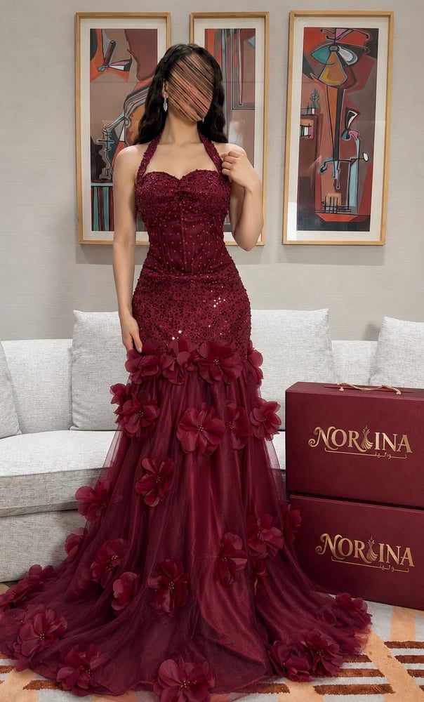 فستان مناسبات عنابي Elegant Burgundy Formal Dress تل فاخر وورو