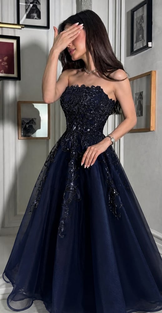 فستان سهرة كحلي فاخر Luxury Navy Evening Dress بتطريز راق