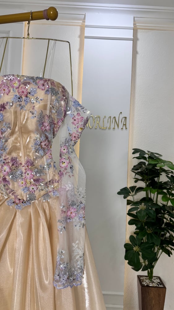 فستان سهرة ميكادو لامع ذهبي Floral evening dress mikado elegant