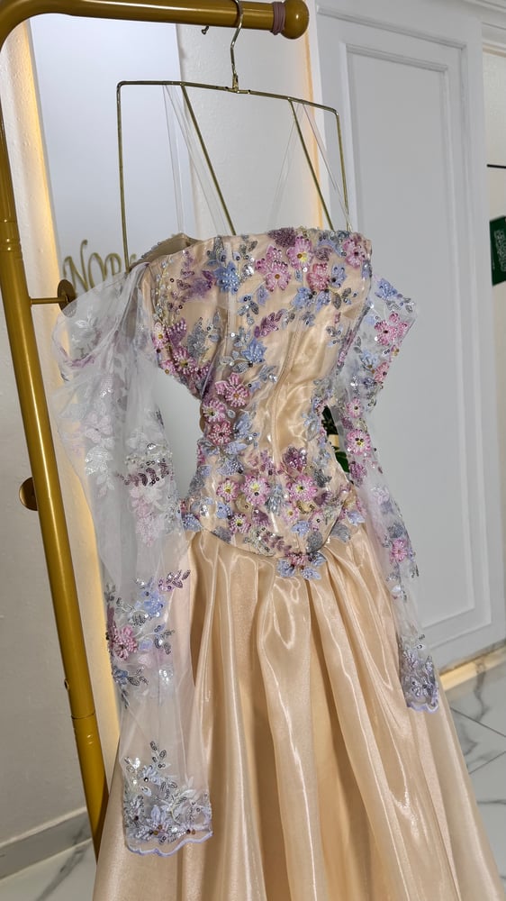 فستان اكمام شفافة وردي mikado dress soft feminine evening
