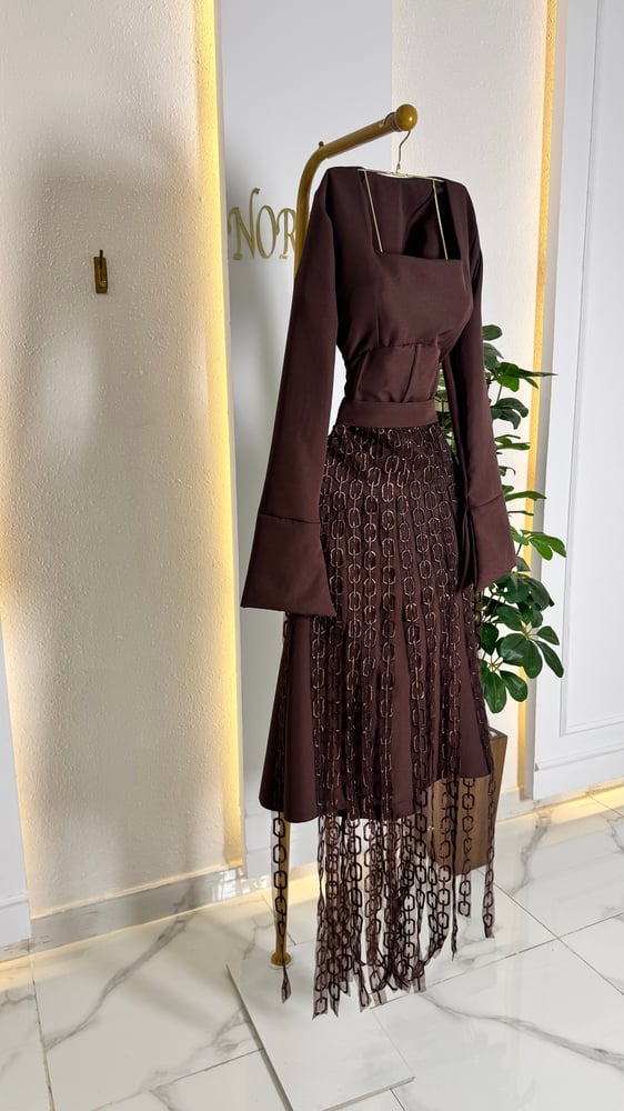 brown dress باربي fabric فستان نسائي chic style باكمام واسعة انيقة