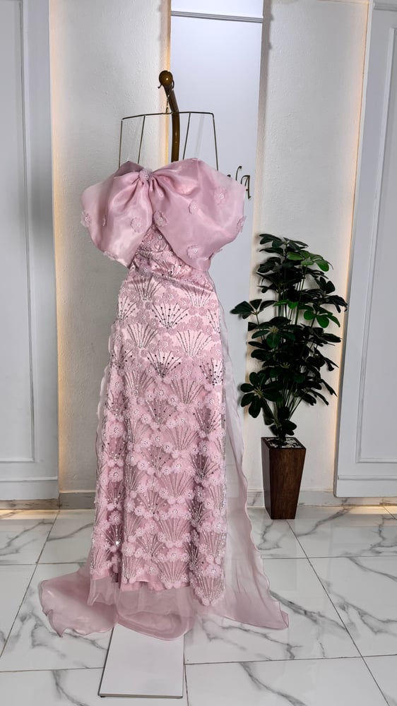 تصميم فيونكة صدر ضخمة قماش أورجنزا مطرز Big Bow Design Dress