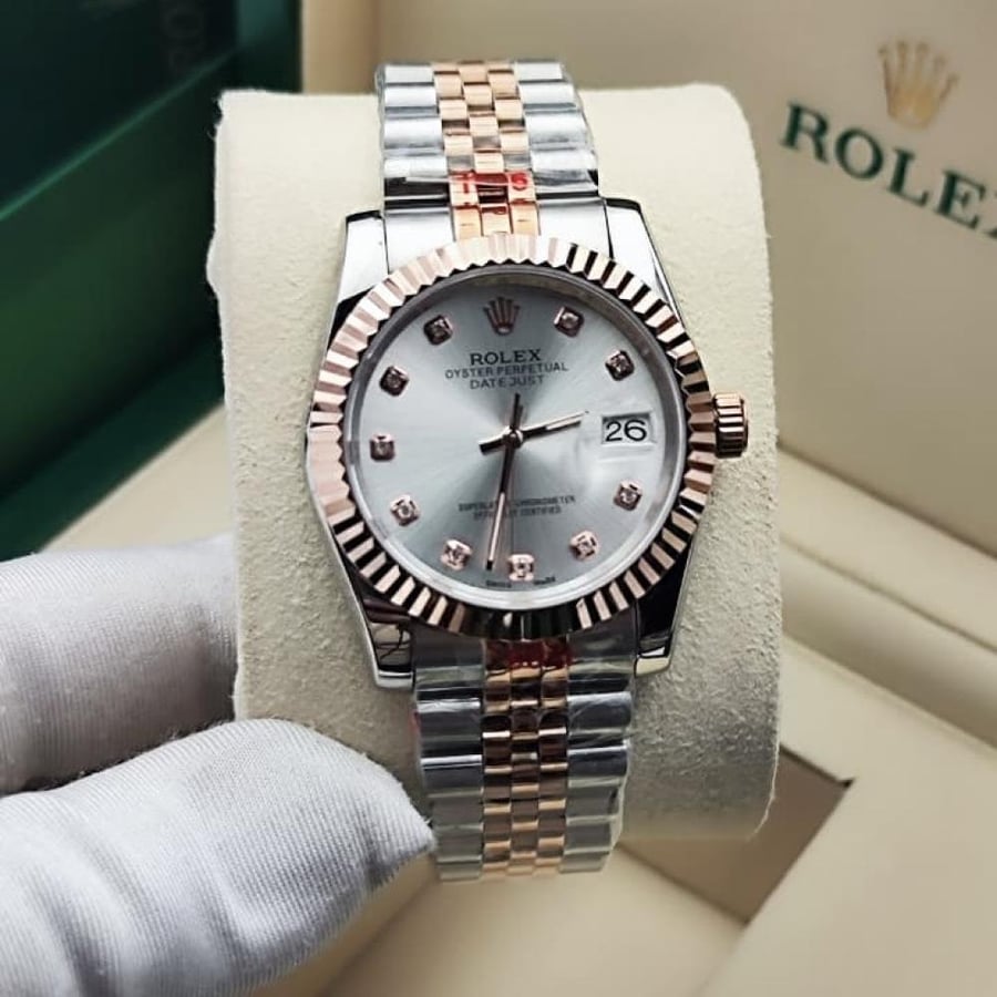 ساعة رولكس Datejust 36 ثنائي اللون بمينا فضي فاتح مرصع
