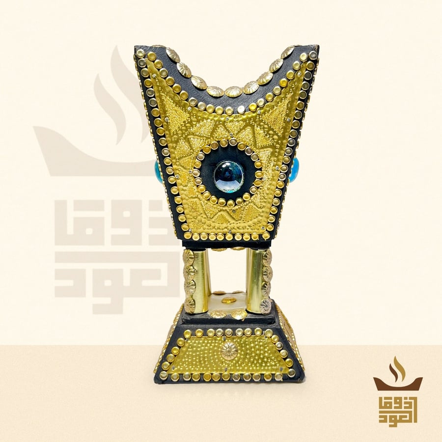 Hail-style brass incense burner, gold-colored, blue gemstone, size 22