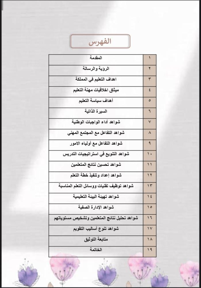 ملف توثيق شواهد الاداء للمعلم زهور بنفسجي