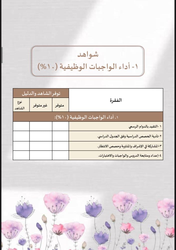 ملف توثيق شواهد الاداء للمعلم زهور بنفسجي