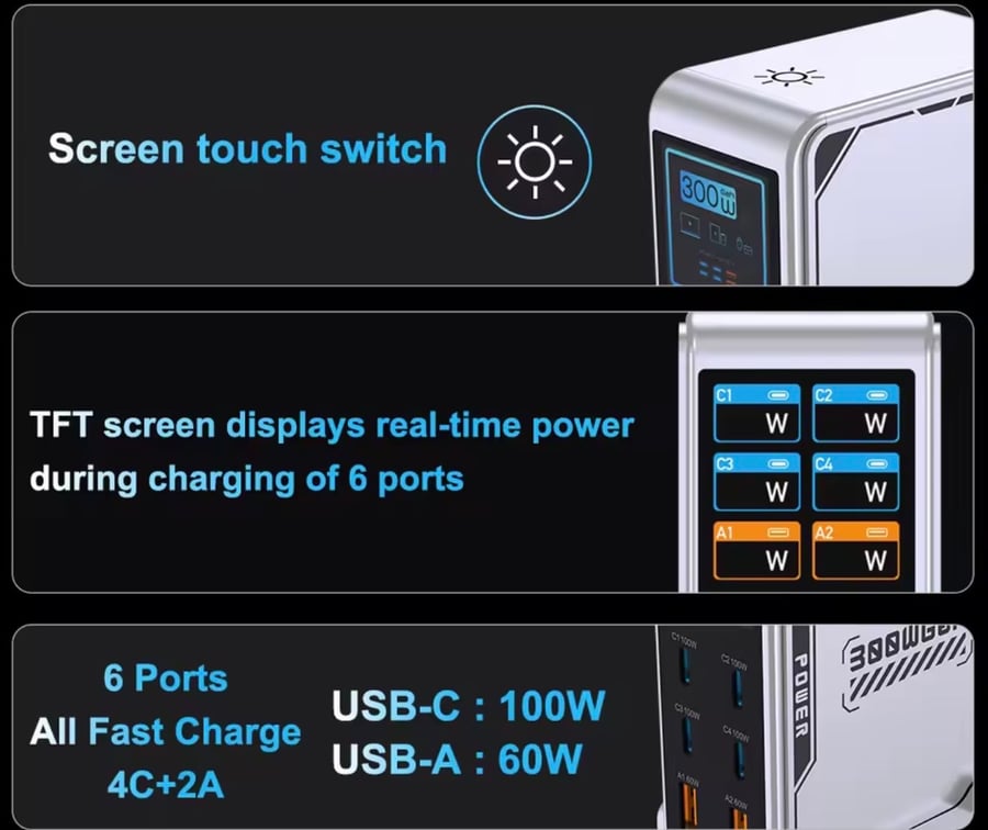 Office charging platform 300 watts (GaN Pro) - 6 ports in one device!