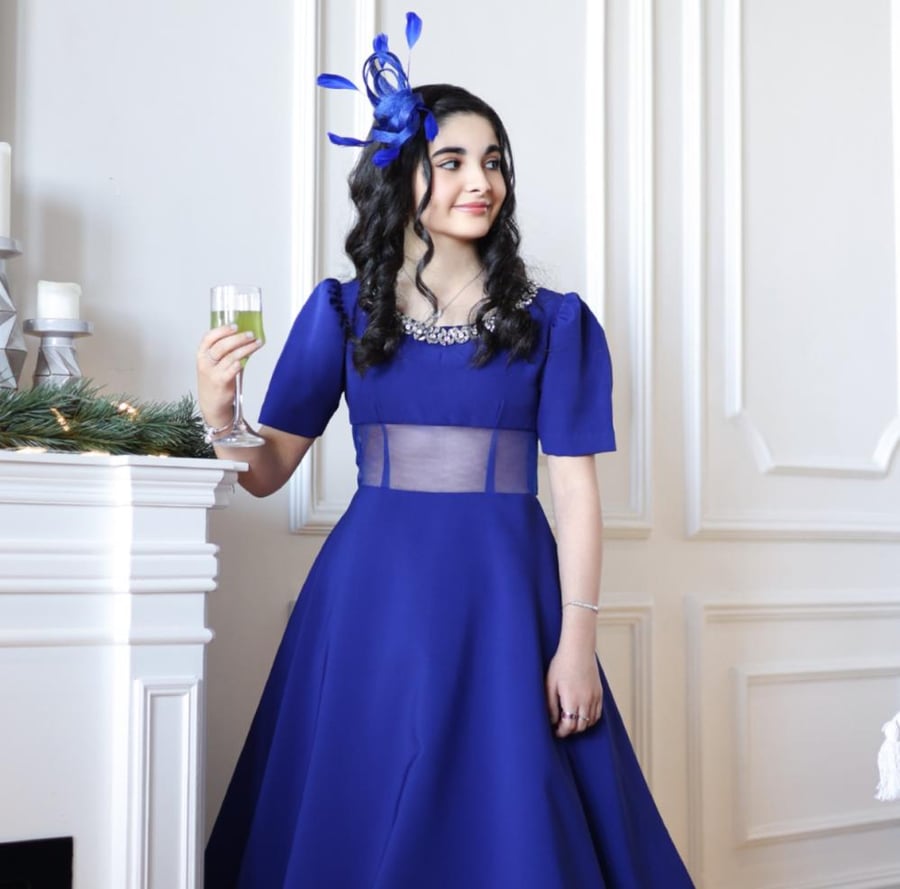 Indigo dress with hand embroidery on the neck, transparent below the chest