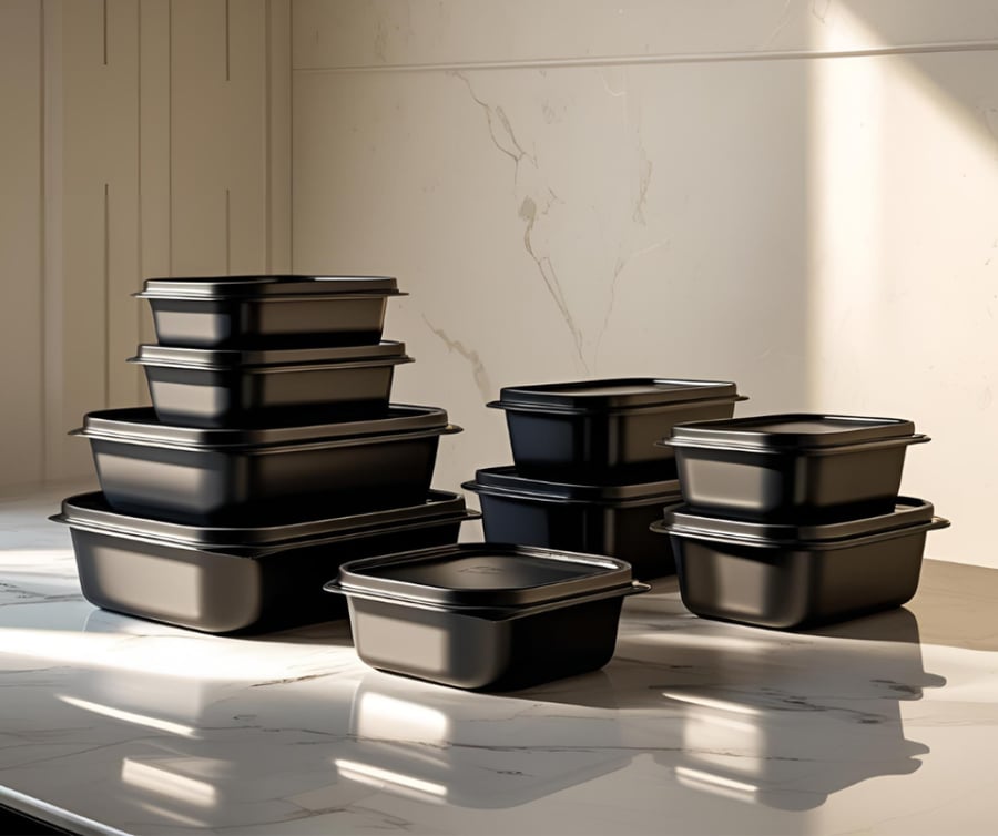 طبق مايكروويف مستطيل اسود مع غطاء شفاف محكم يمنع التسرب مقاومة للحرارة العالية - صحون تستخدم في الميكروويف علب أمان 100% مادة "PP" – خالية من المواد الضارة -الكمية للكرتون 150 طبق بالغطاء-كود 032 حجم 1250 مم