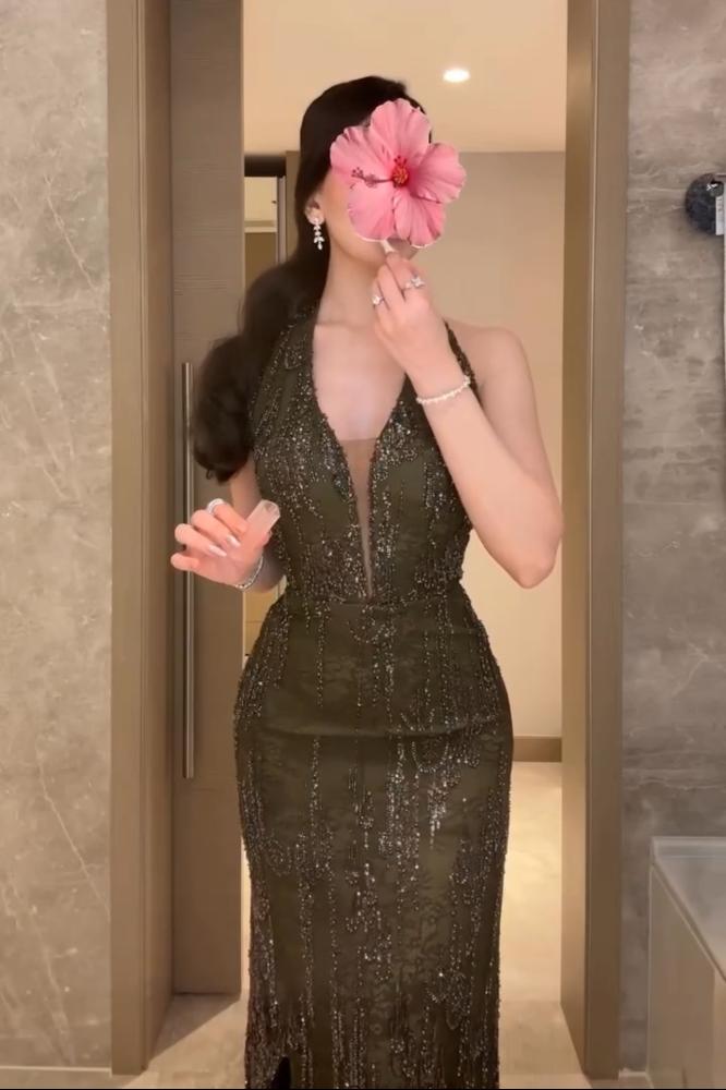 فستان سهره  زيتي فخم