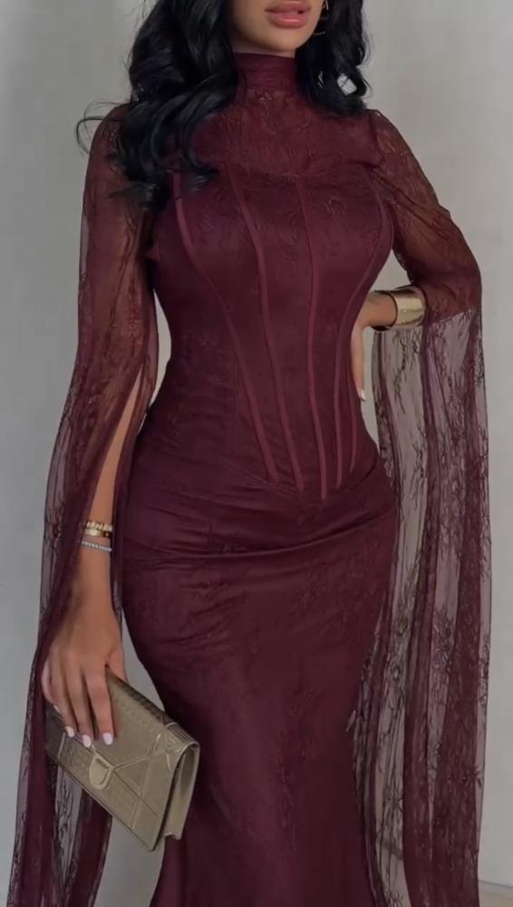 فستان سهره دانتيل وكورسيه عنابي
